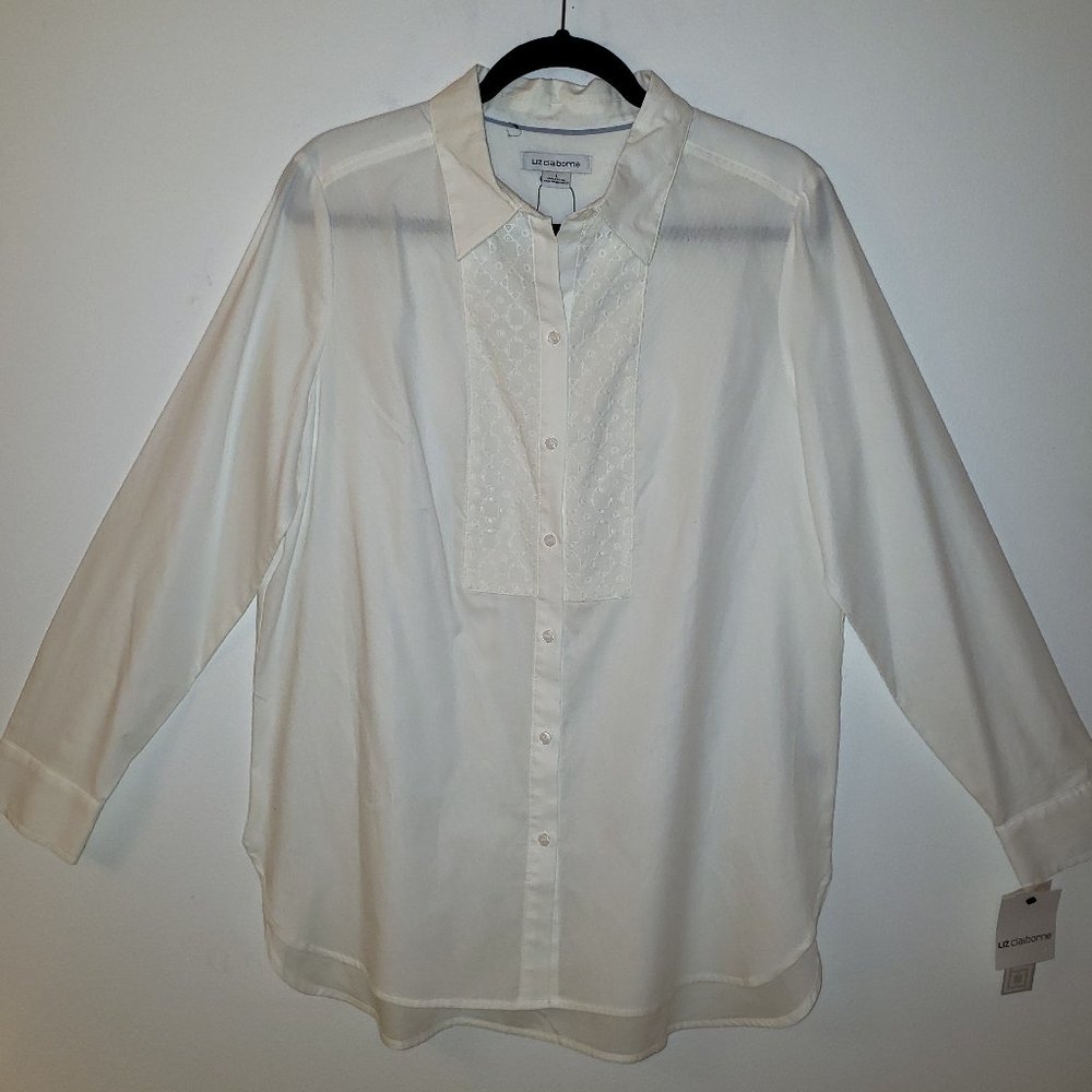 (NWT) Liz Claiborne White Tuxedo Style Long Sleeve Shirt. 100% Cotton. Size L